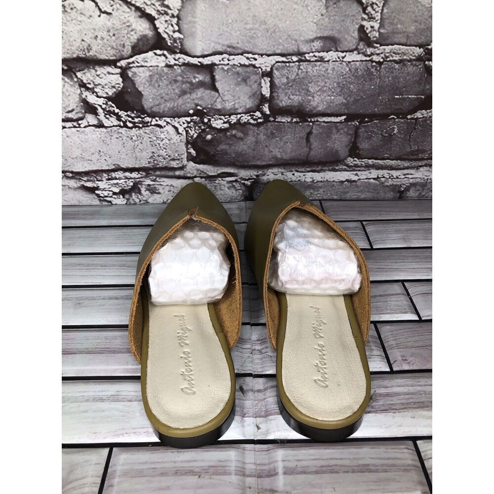 Antonio Miguel Mango Green Leather Center Cut Mules Flats Women Sz 5M US/35EU - Picture 7 of 16